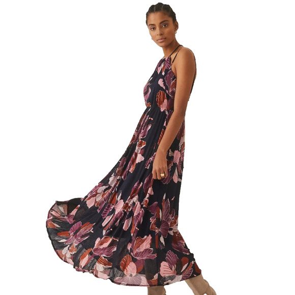Anthropologie Navy Floral Tiered Tropical Flowy Sheer Strappy Halter Maxi Dress - Picture 1 of 14